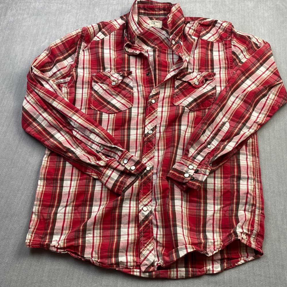 Old Navy Mens Red Plaid Western Pearl Snap Long Sleeve Shirt Medium Cotton